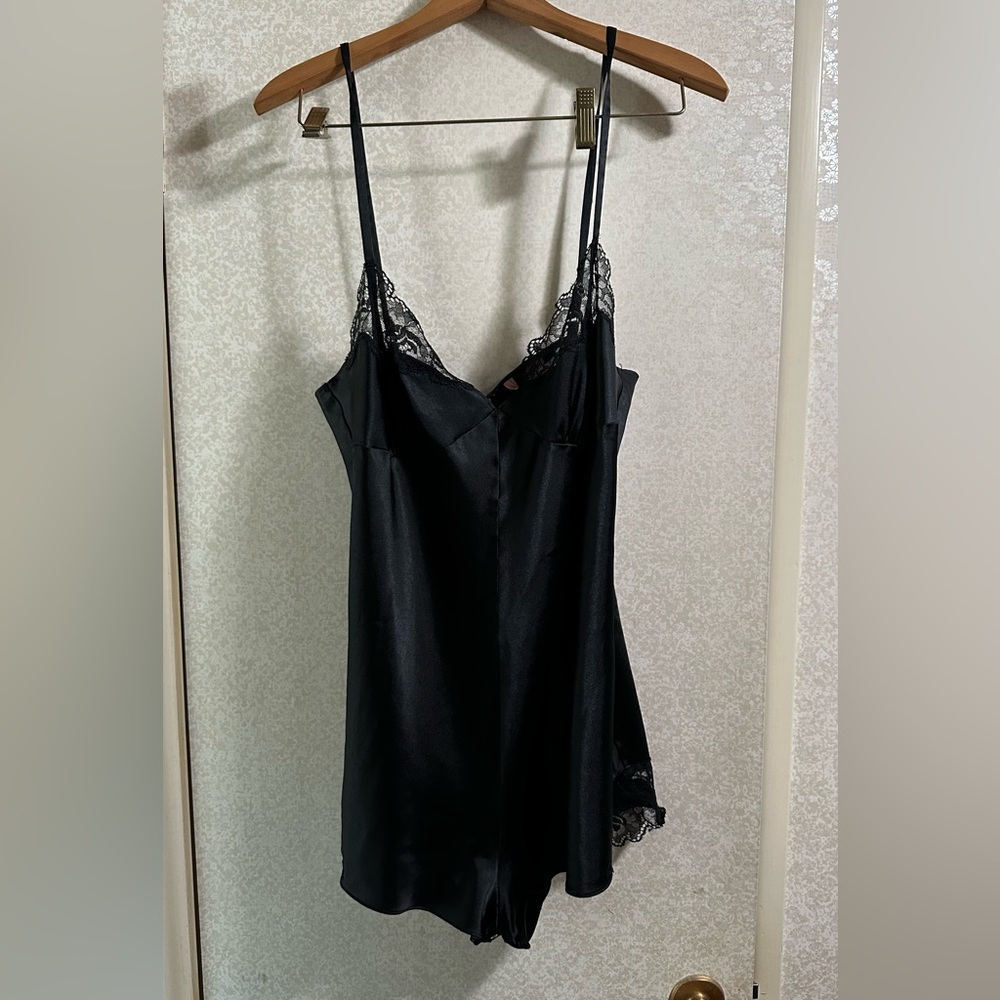 Victoria’s Secret Romper Black Satin Lace Trim Slip